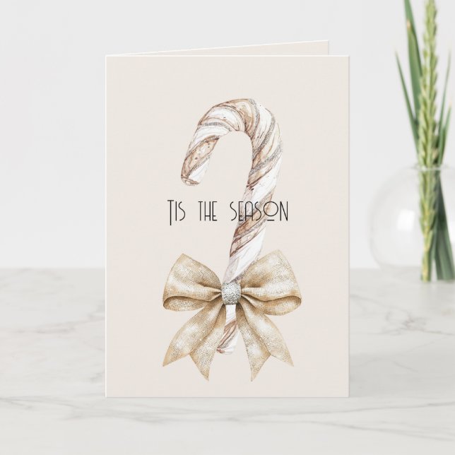 Carte Blush Canne de Noël Rustique Crème Arc Argent (Devant)