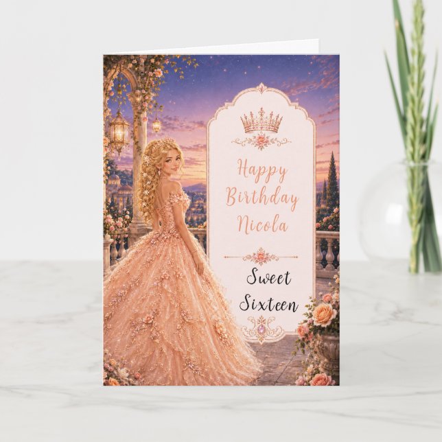 Carte Blush Peach Sweet 16 Princesse Jardin (Devant)