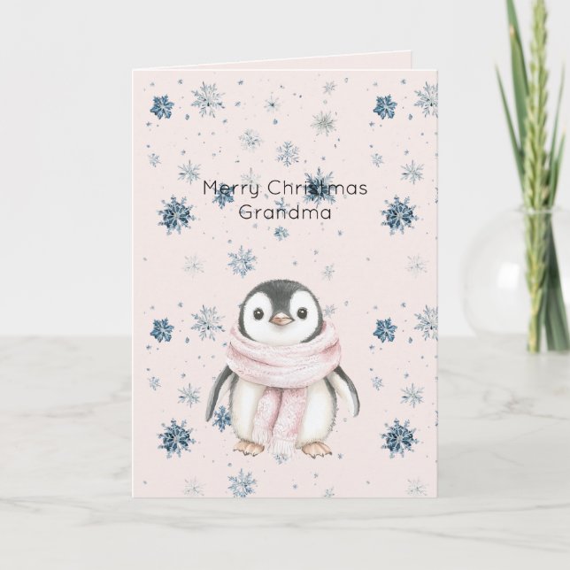 Carte Blush Pink Penguin Snowflakes Christmas (Devant)