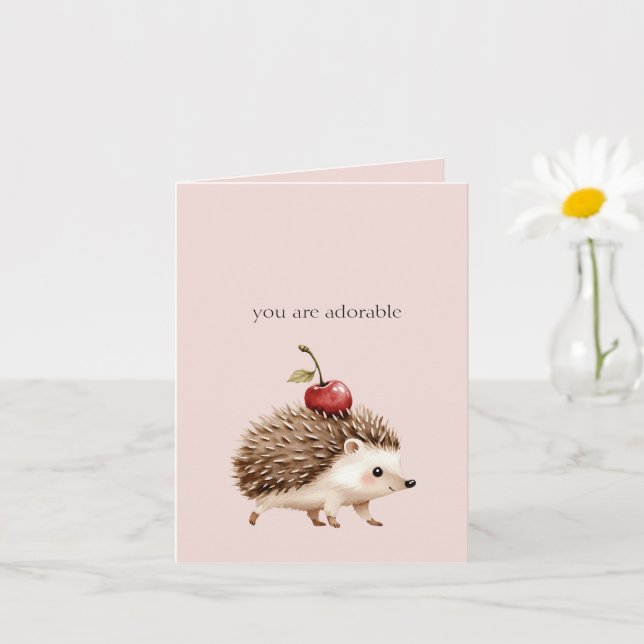 Carte Blush Pink Red Cherry Adorable Hedgehog (Petite plante)