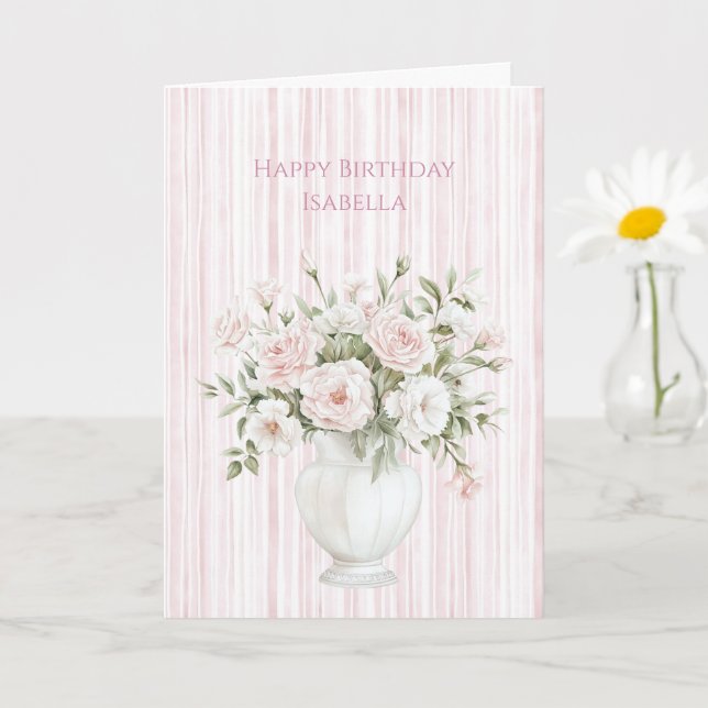 Carte Blush Pink Rose Flowers Stripes Birthday (Petite plante)