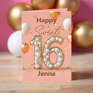 Carte Blush Pink Sweet 16 Gold Pearl Numéro et Ballons