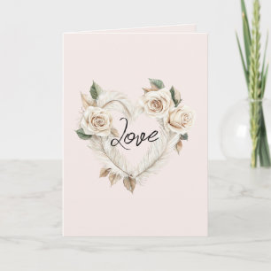 Carte Blush Romantique Roses Crème Plumes Cœur Floral