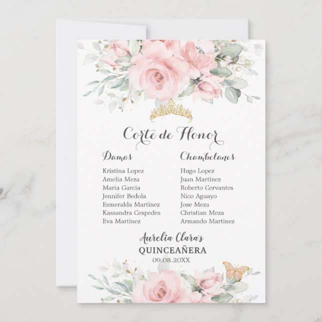 Carte Blush Rose Floral QUINCEAÑERA Padrinos Damas (Dos)