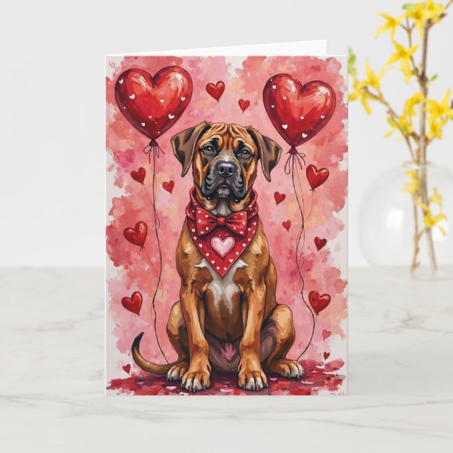 Carte Boerboel Saint-Valentin Chien Assis avec des Cœurs (Fleur jaune)