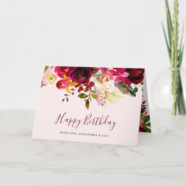 Carte Boho Burgundy Floral | Joyeux anniversaire (Devant)
