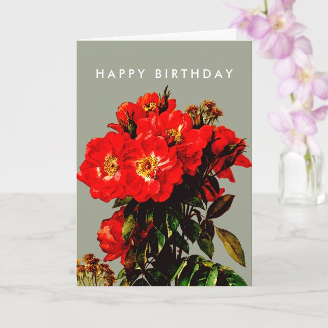 Carte Boho Chic Joyeux Anniversaire Rouge Roses Sage Ver (Orchidée)