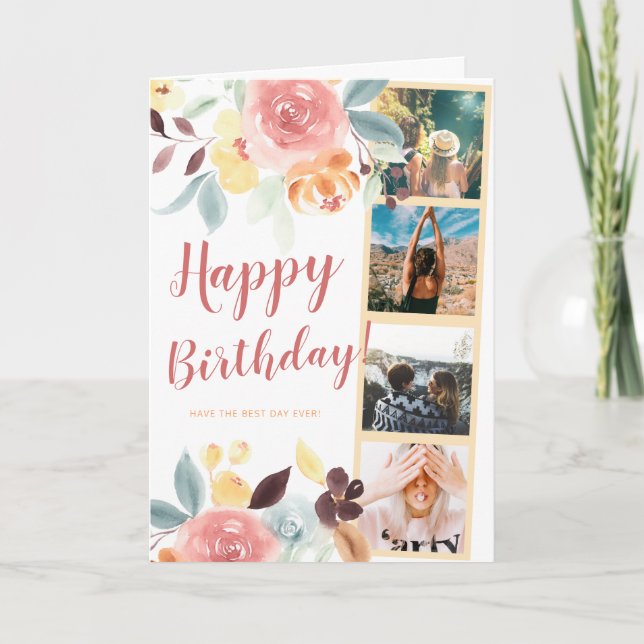 Carte Boho chute florale aquarelle photo grille annivers (Devant)