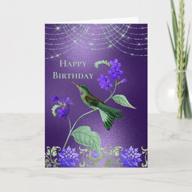 Carte Boho Green Purple Hummingbird Floral Anniversaire (Devant)