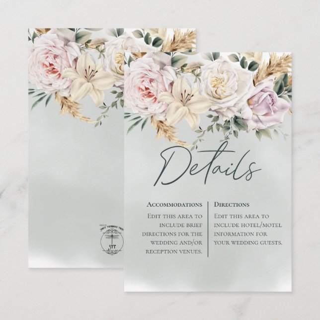 Carte Boho Pampas & Rose Roses Green Détails Card (Devant / Derrière)