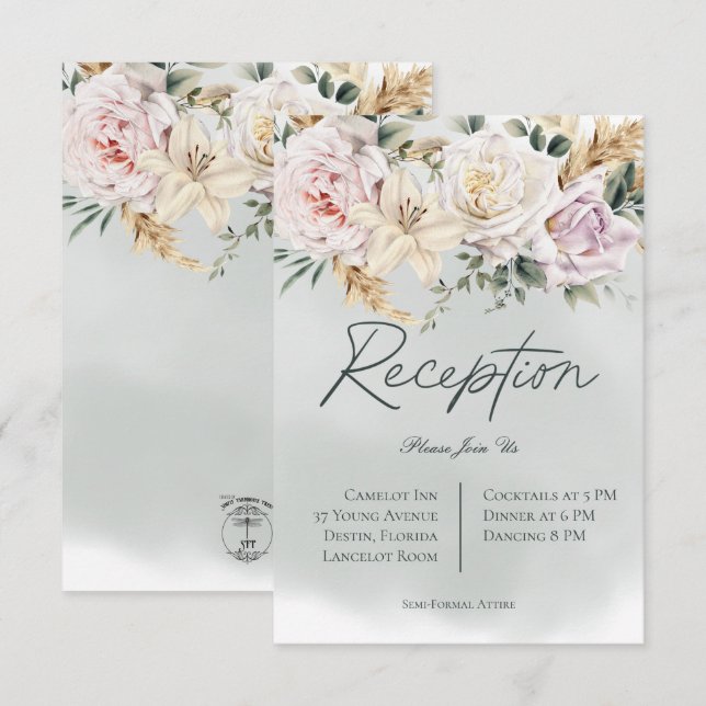 Carte Boho Pampas & Roses Roses Roses Vertes (Devant / Derrière)