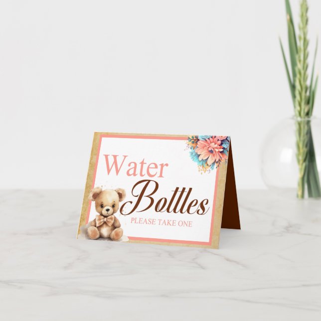 Carte Boho Pink Bear Baby shower d'eau bouteille table (Devant)