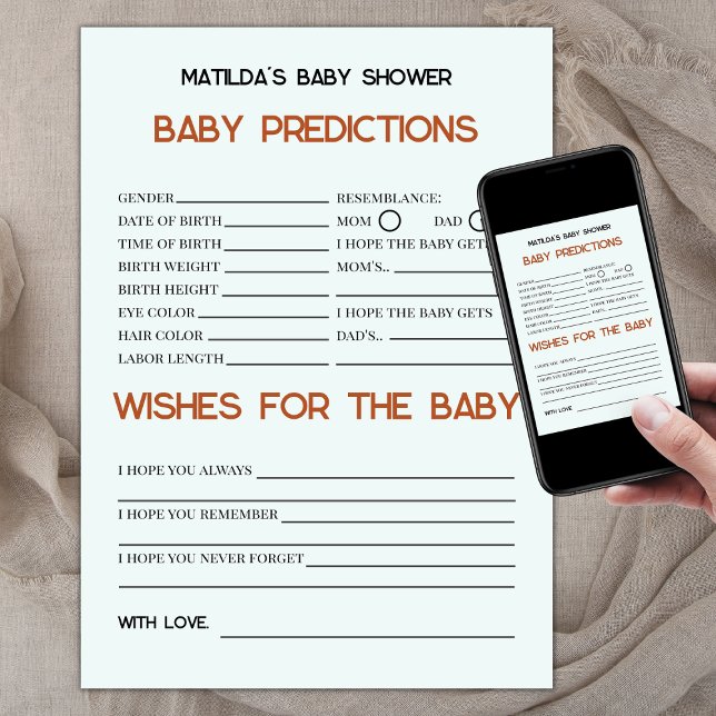 Carte Boho Retro Baby Prédictions et souhaits Baby showe (baby predictions and wishes for the baby, baby shower games, retro baby shower, boho sun)