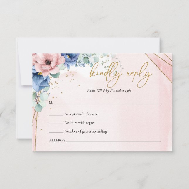 Carte Boho rose et bleu à fleurs eucalyptus rsvp (Devant)