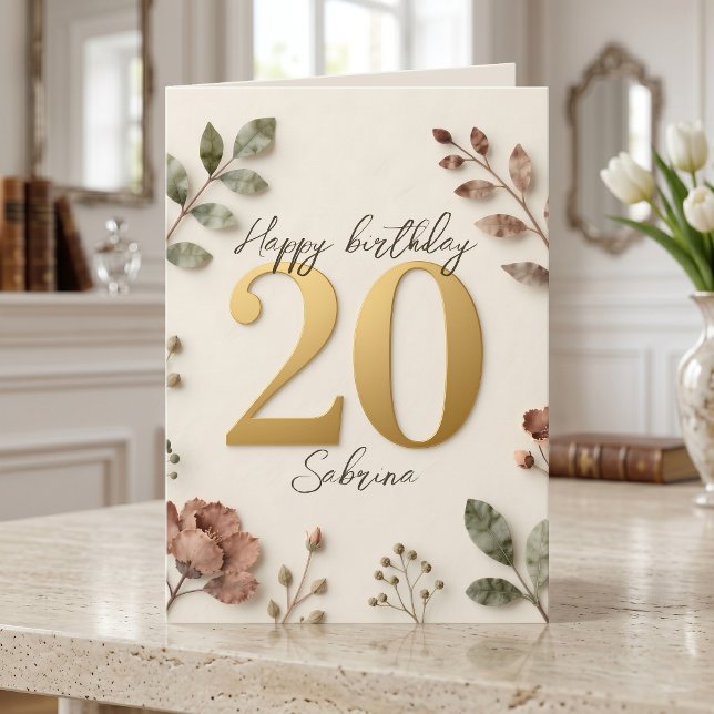 Carte Boho Rose Poussiéreuse Floral Or 20e Anniversaire (Créateur téléchargé)