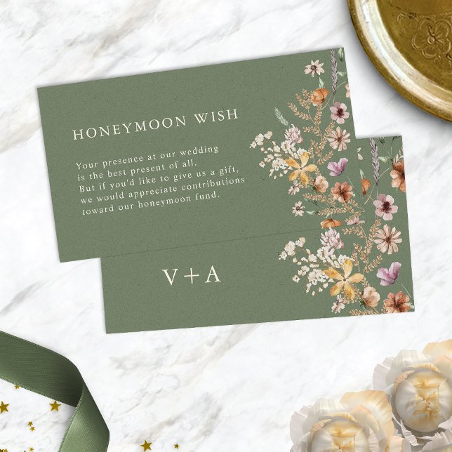 Carte Boho Sage Boho - Lune de miel (Sage Green Boho Honeymoon Wish Enclosure Card Monogram on back by Painted Paperie
)