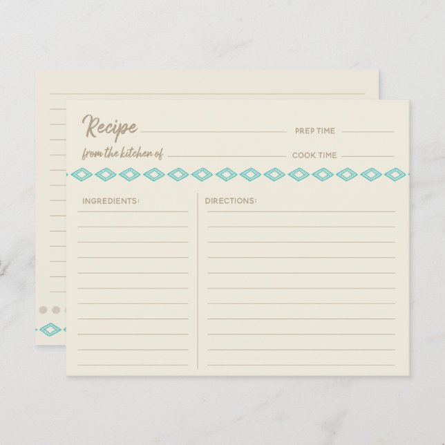 Carte Boho Turquoise Diamonds Motif simple Recette (Devant / Derrière)