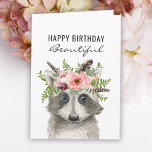 Carte Boho Watercolor Raccoon Joyeux anniversaire<br><div class="desc">Une adorable illustration de raton laveur à l'aquarelle avec une couronne de fleurs roses et de fougères de bois fait une carte d'anniversaire unique pour quelqu'un de spécial. N'importe quel texte à l'extérieur et à l'intérieur de la carte peut être modifié avec le texte souhaité.</div>