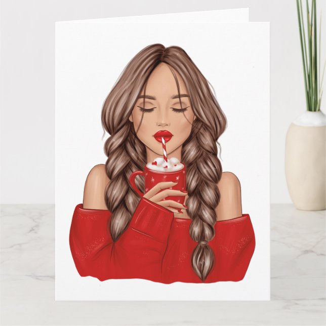 Carte Boire du chocolat chaud en hiver dans un pull roug (Devant)