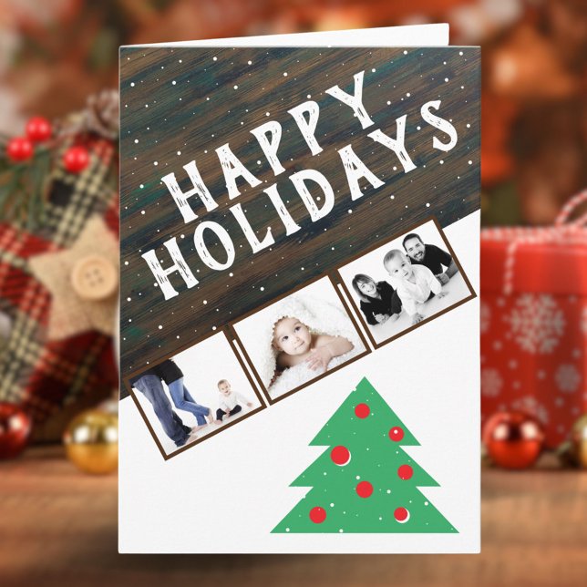 Carte Bois rustique Arbre de Noël Rouge 3 Photo Noël (Créateur téléchargé)