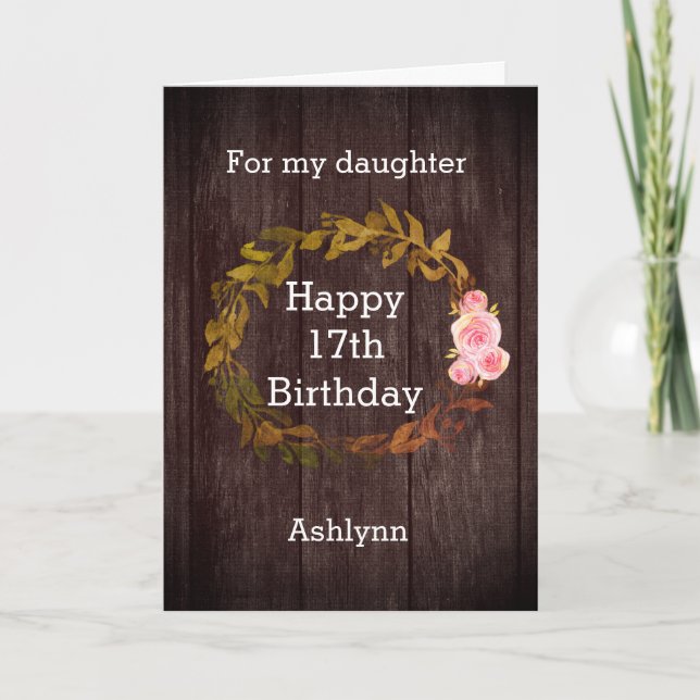 Carte Bois Rustique et aquarelle Floral 17e anniversaire (Devant)