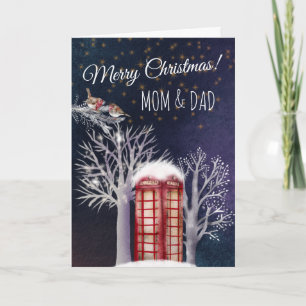 Carte Boîte téléphonique enneigée à l'aquarelle et Noël
