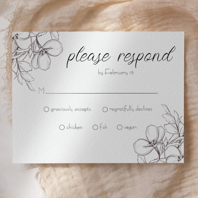 Carte Boîtier à cadre floral noir et blanc ( rsvp wedding card black and white floral drawn flowers)