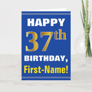Carte Bold, Blue, Faux Gold 37th Birthday w/ Name Card