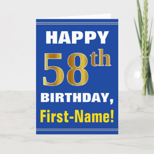 Carte Bold, Blue, Faux Gold 58th Birthday w/ Name Card