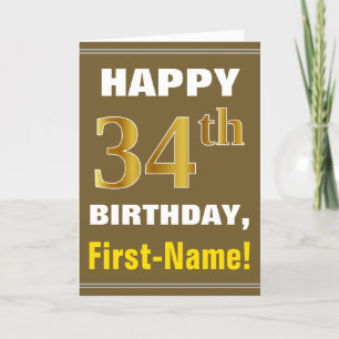 Carte Bold, Brown, Faux Gold 34th Birthday w/ Name Card