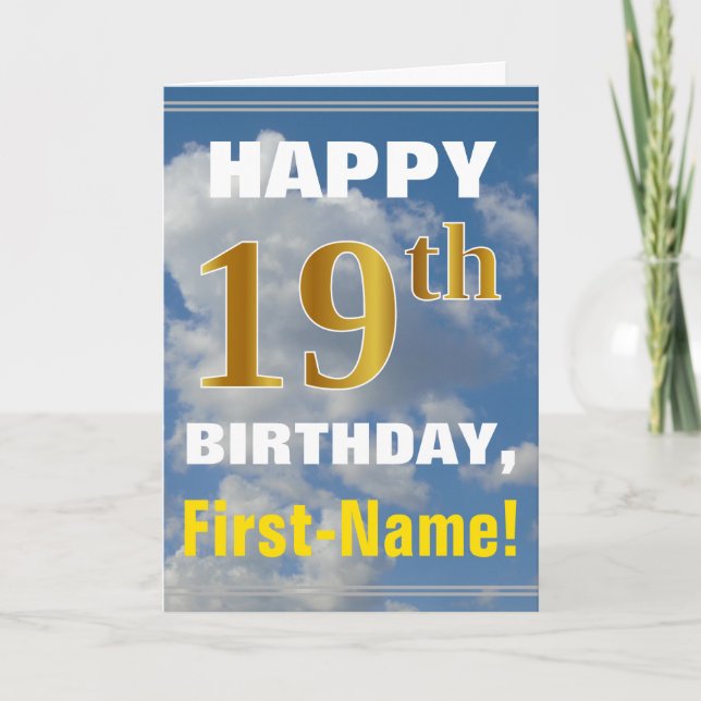 Carte Bold, Cloudy Sky, Faux Gold 19th Birthday + Name (Devant)