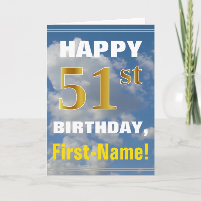 Carte Bold, Cloudy Sky, Faux Gold 51st Birthday + Name (Devant)