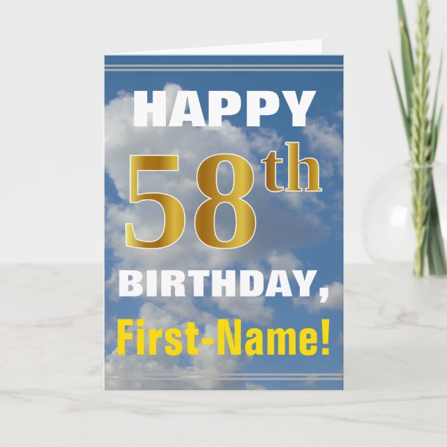 Carte Bold, Cloudy Sky, Faux Gold 58th Birthday + Name (Devant)