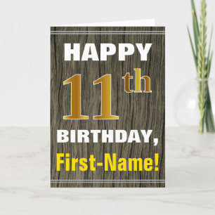 Carte Bold, Faux Wood, Faux Gold 11e anniversaire + Nom