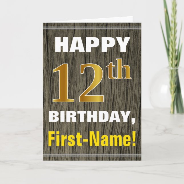 Carte Bold, Faux Wood, Faux Gold 12e anniversaire + Nom (Devant)