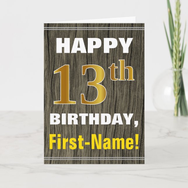 Carte Bold, Faux Wood, Faux Gold 13e anniversaire + Nom (Devant)