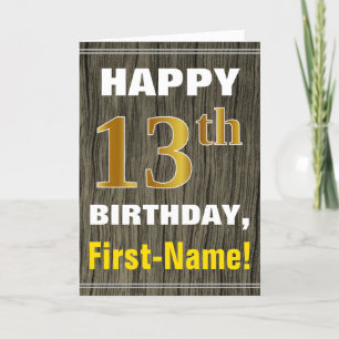 Carte Bold, Faux Wood, Faux Gold 13e anniversaire + Nom