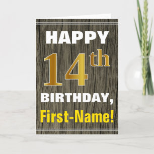 Carte Bold, Faux Wood, Faux Gold 14e anniversaire + Nom