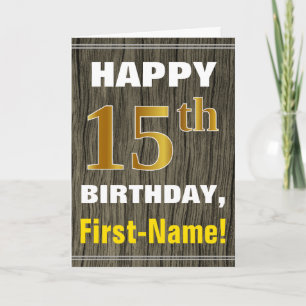 Carte Bold, Faux Wood, Faux Gold 15e anniversaire + Nom