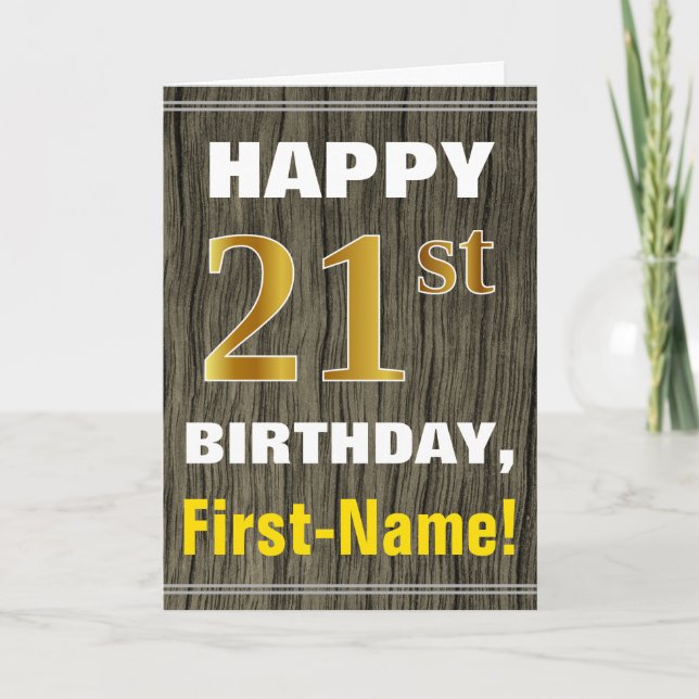 Carte Bold, Faux Wood, Faux Gold 21e anniversaire + Nom (Devant)