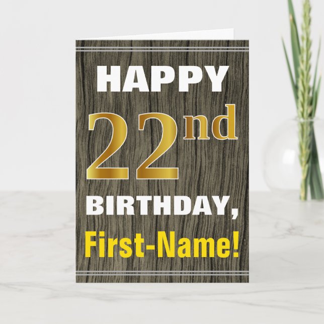 Carte Bold, Faux Wood, Faux Gold 22e anniversaire + Nom (Devant)