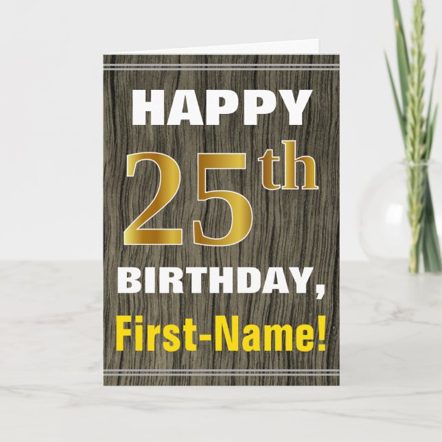 Carte Bold, Faux Wood, Faux Gold 25e anniversaire + Nom (Devant)