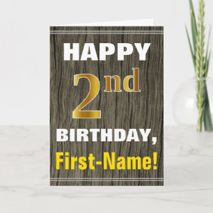 Carte Bold, Faux Wood, Faux Gold 2e anniversaire + nom