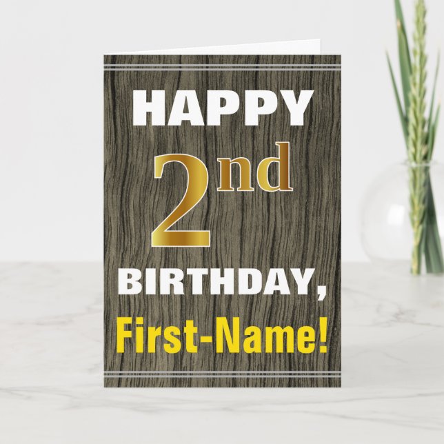Carte Bold, Faux Wood, Faux Gold 2e anniversaire + nom (Devant)