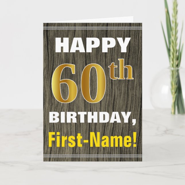 Carte Bold, Faux Wood, Faux Gold 60e Anniversaire + Nom (Devant)