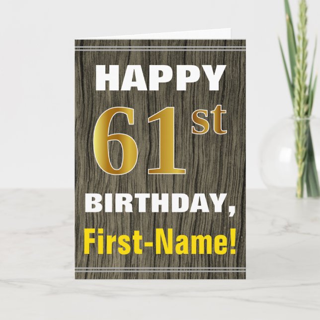 Carte Bold, Faux Wood, Faux Gold 61ème anniversaire + No (Devant)