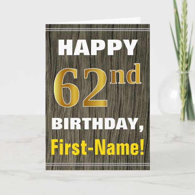 Carte Bold, Faux Wood, Faux Gold 62e anniversaire + Nom (Devant)