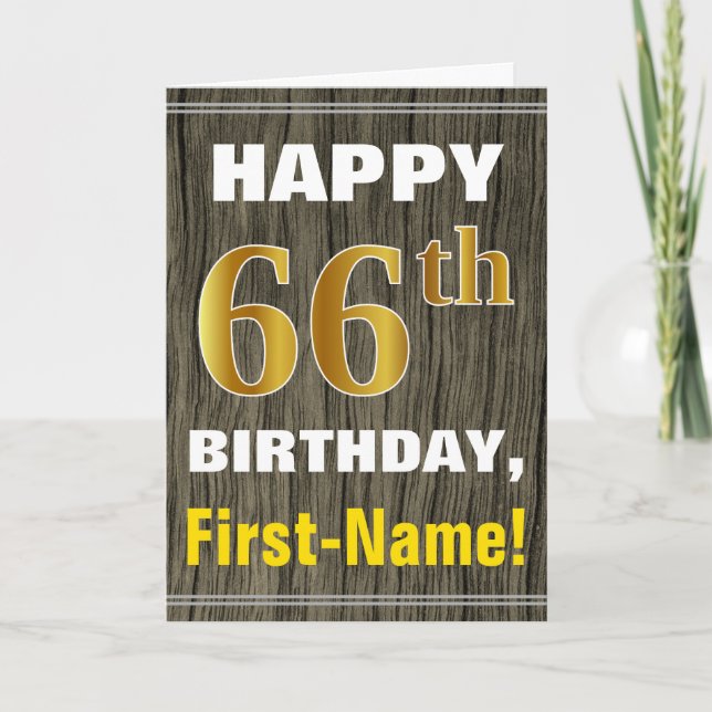 Carte Bold, Faux Wood, Faux Gold 66e anniversaire + Nom (Devant)