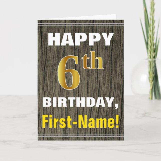 Carte Bold, Faux Wood, Faux Gold 6ème anniversaire + Nom (Devant)