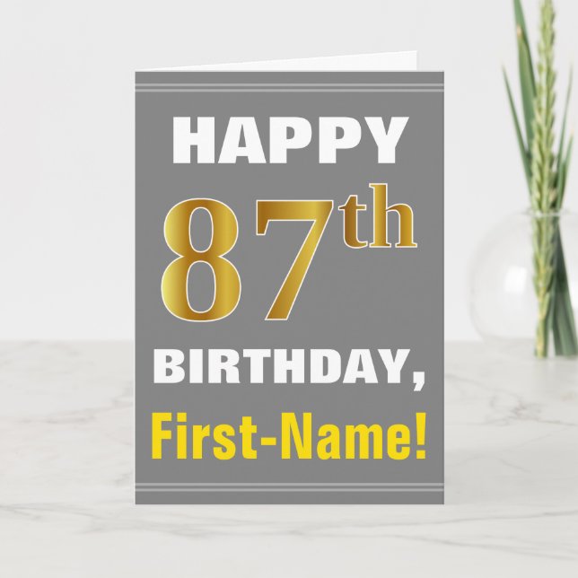 Carte Bold, Gray, Faux Gold 87th Birthday w/ Name Card (Devant)